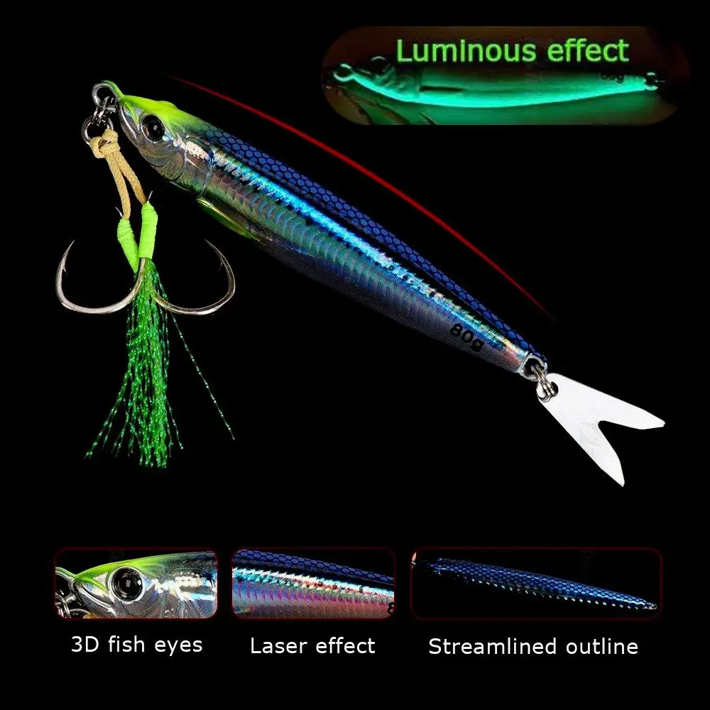 معدات صيد الأسماك بطيئة غرق محاكاة طعوم الأسماك المعدنية 80 جرام الوزن تهزهز معدني إغراء ذيل طويل واقعية الصيد السحر صب الشاطئ