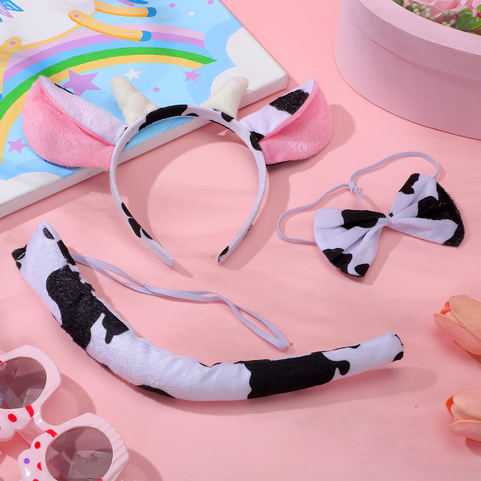 Juego de accesorios para disfraz de vaca, diadema con orejas, pajarita, cola para fiesta de Halloween, Carnaval, mascarada, accesorio divertido, 3 uds.