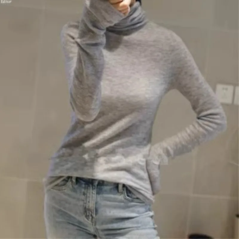 Worsted micro transparent cashmere sweater women's turtleneck slim slim wool base sweater knitting 2024 fall/winter new model