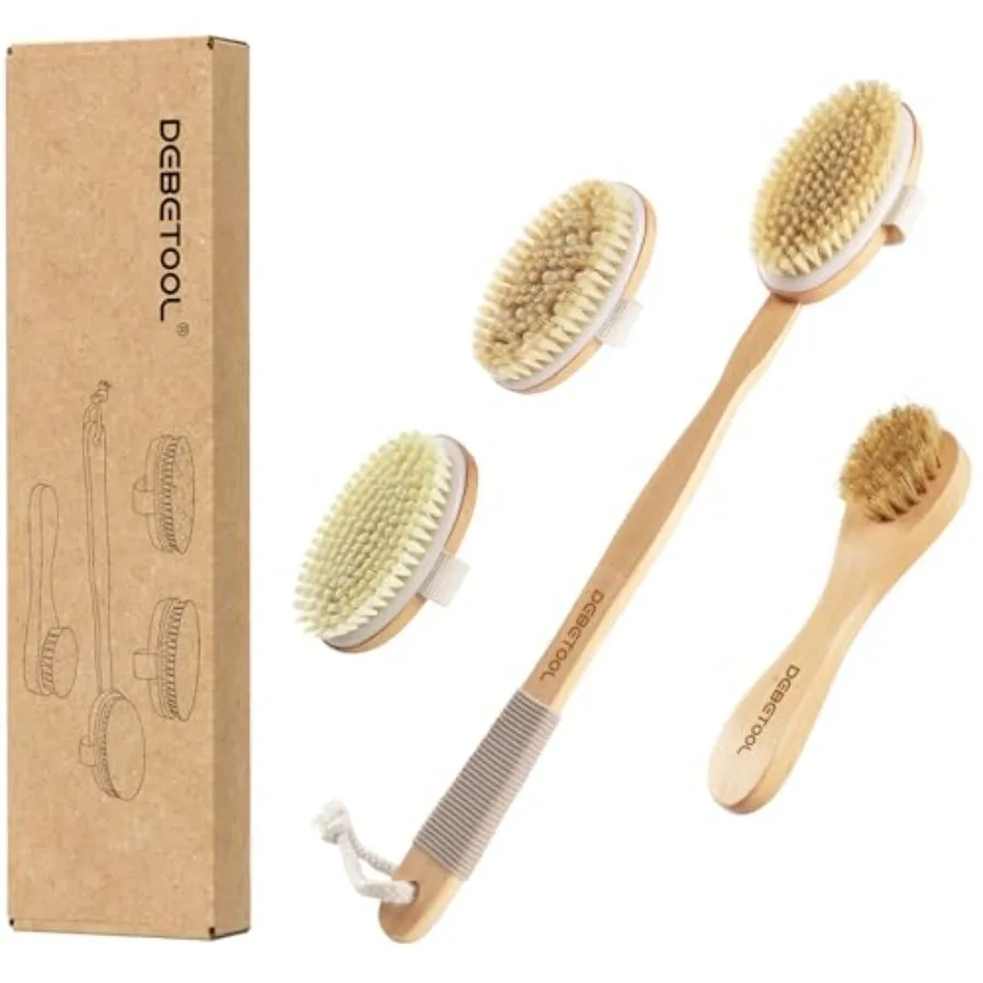 Dry Brushing Set - Natural Boar Bristle Body and Face Brush, Wooden Long Handle Scrub Brush for Cellulite and Lymphatic Drainag