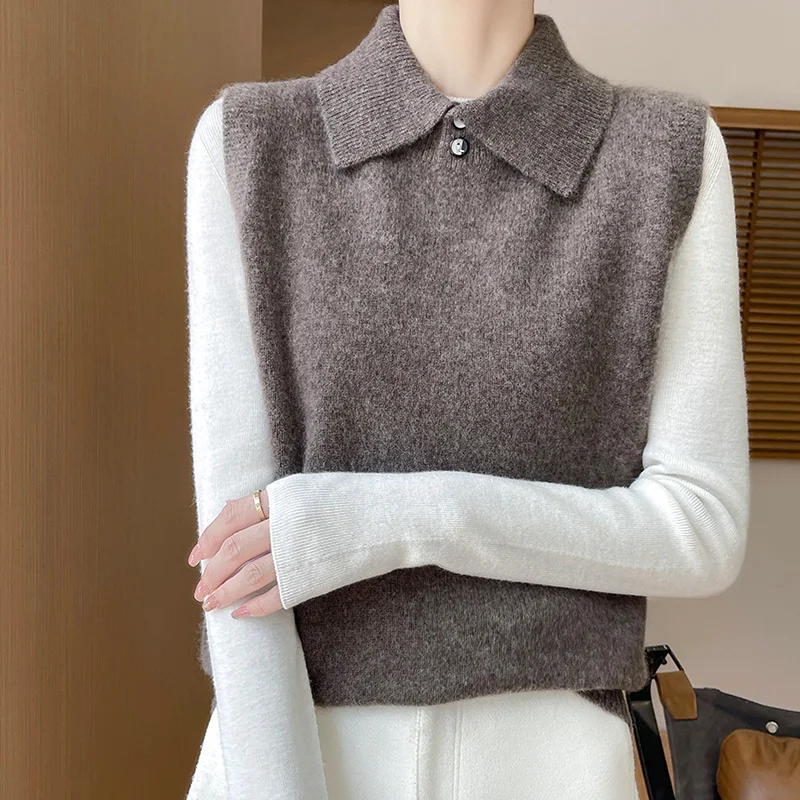 Collar Wool Vest For Women Sleeveless Solid Color Korean Fashion Warm And High-Quality Knitted Sweater Top For Autumn Winter