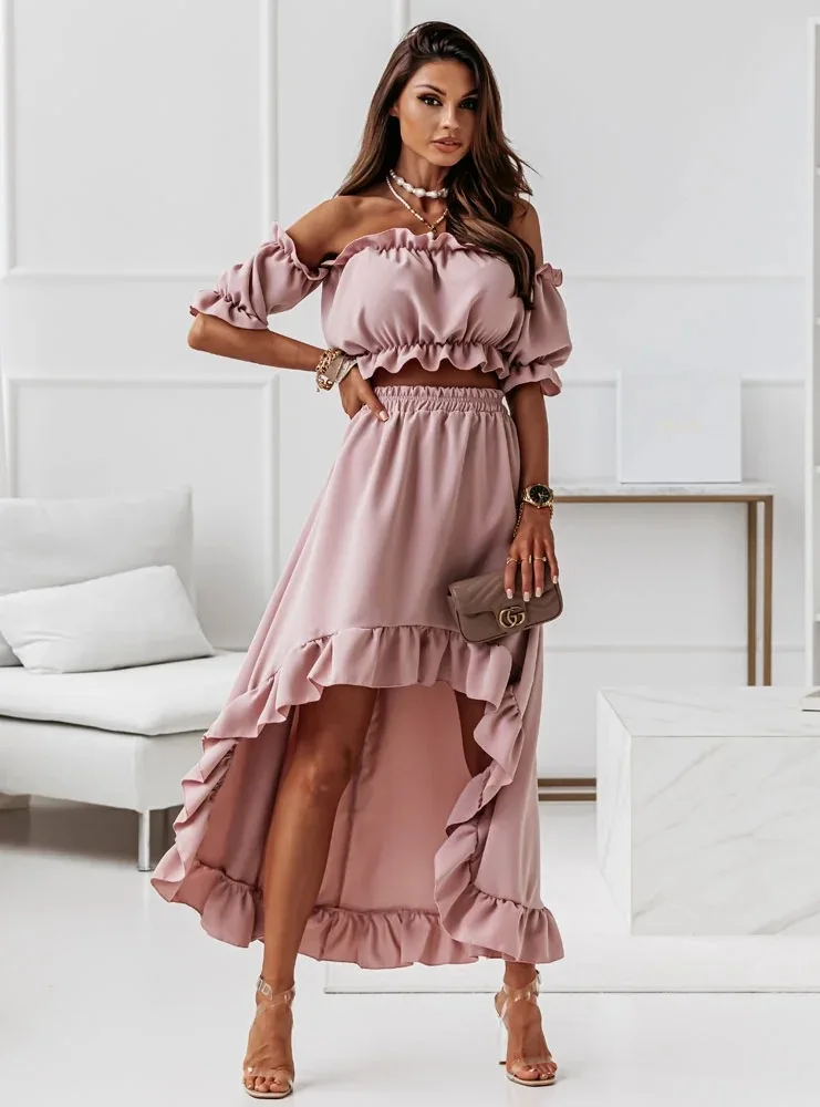 New Fashion Women Summer Ruffles Dress Set Two Piece Off Shoulder Slash Neck Short Sleeve Crop Top Irregular Long Skirt Set