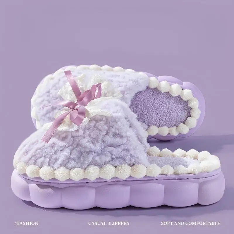 

Women's High-End Autumn and Winter Bow-Knot Cotton Slippers, Women's Warm Non-Slip Indoor Home New Furry Slippers, Maternity Shoes