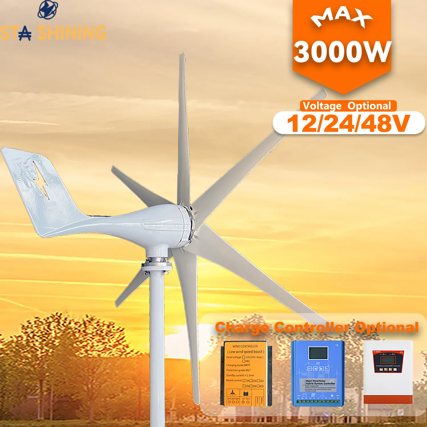 

【Higher-Output】Horizontal Wind Turbine Generator 3000W Windmill w/MPPT Charger/Hybrid Solar Wind Power System, Home Use 6 Blades