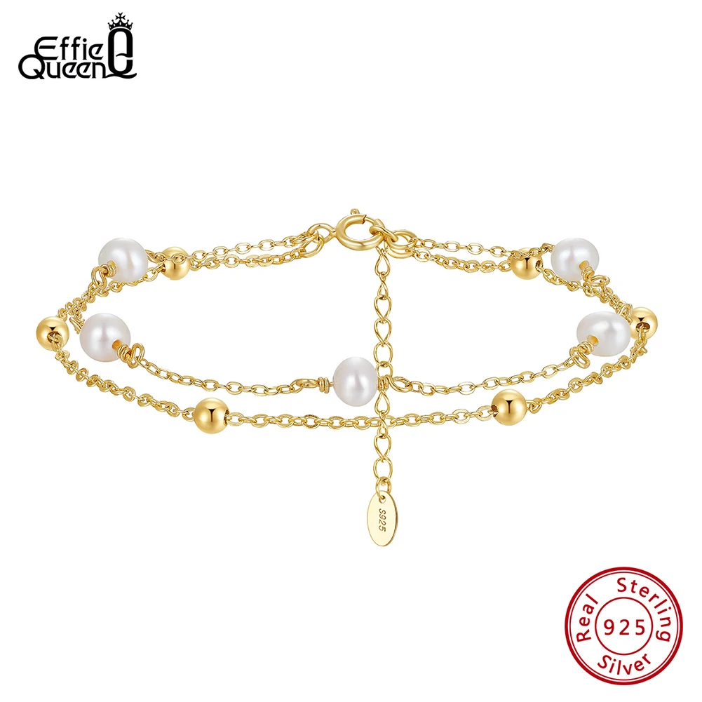 EFFIE QUEEN Trend Dainty Vintage 925 Sterling Silver Layer Chain Natural Pearls Bracelet Summer Romantic Gift Accessories GPB32