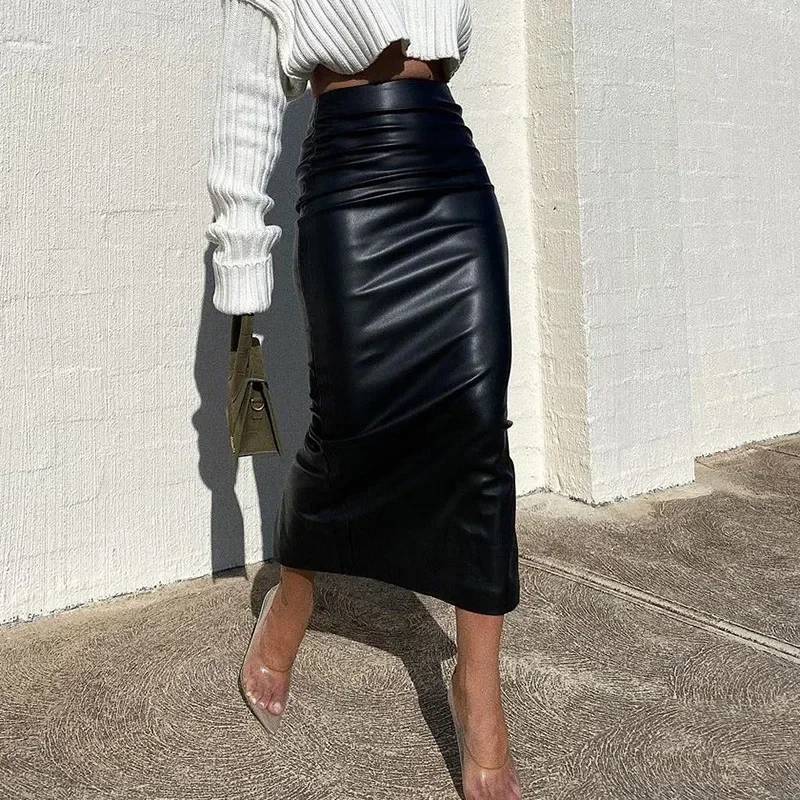 

Winter Pu Leather Long Skirt White High Waist Silm Skirts Autumn Women Bodycon Skirt Fashion Black Faux Leather Midi Skirt