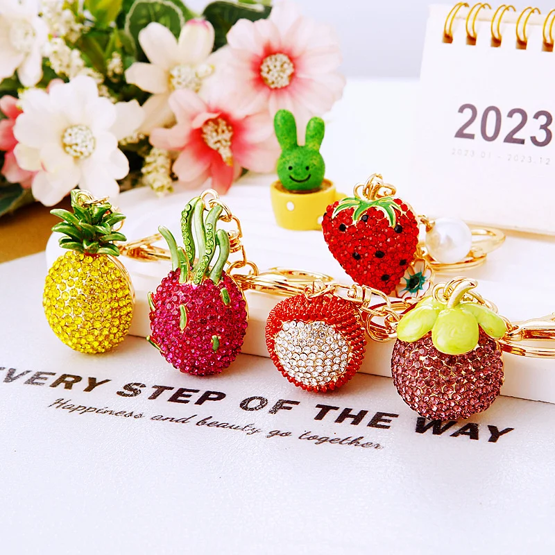 3D Rhinestone Fruit Keychain Pitaya/litchi/Strawberry/Pineapple/Mangosteen Keyring Pendants For Women Handbag Decor Jewelry Gift