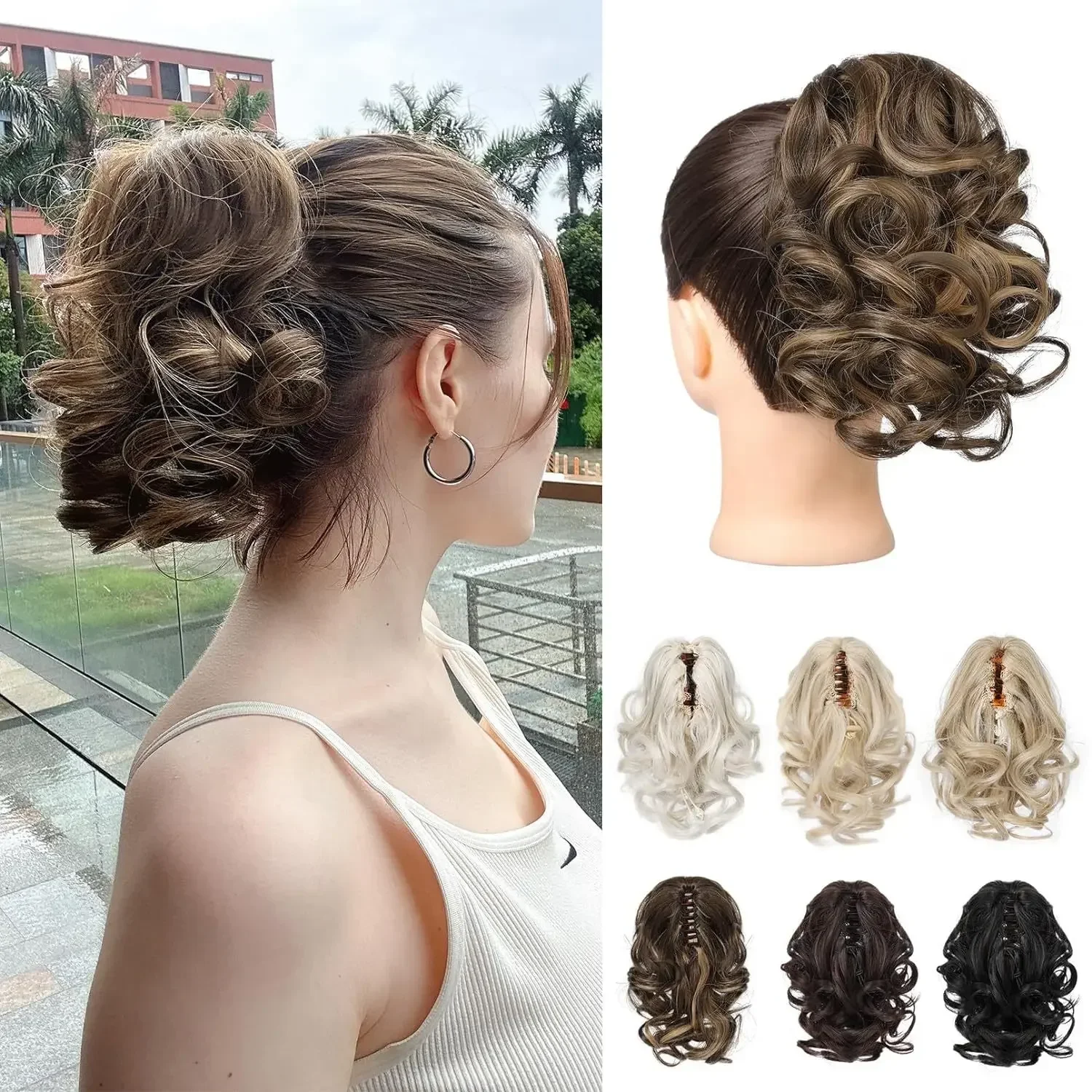 Fluffy Short Classic Curly Wavy Pony Tails Hair Extension Chin Clip Brown with Highlights Synthetic Hairpieces 9 Inch for Women