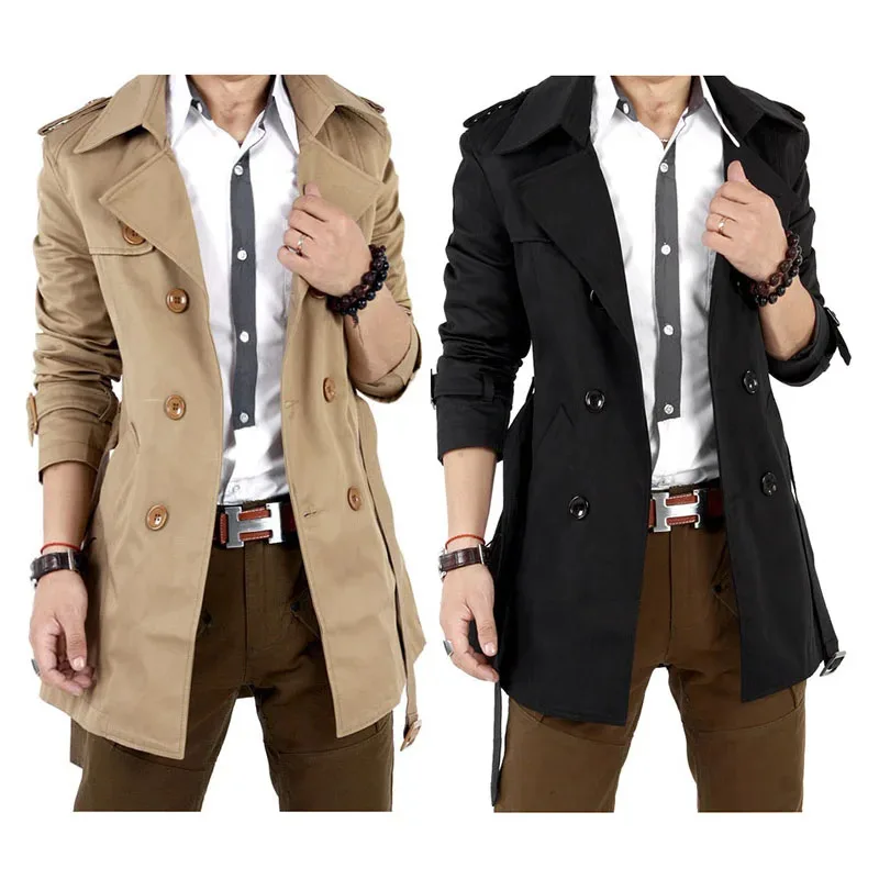 

Autumn Spring Trench Coat Men Slim Korean Double-Breasted Mid-Length Fashion Jacket Winter Cosplay Costume