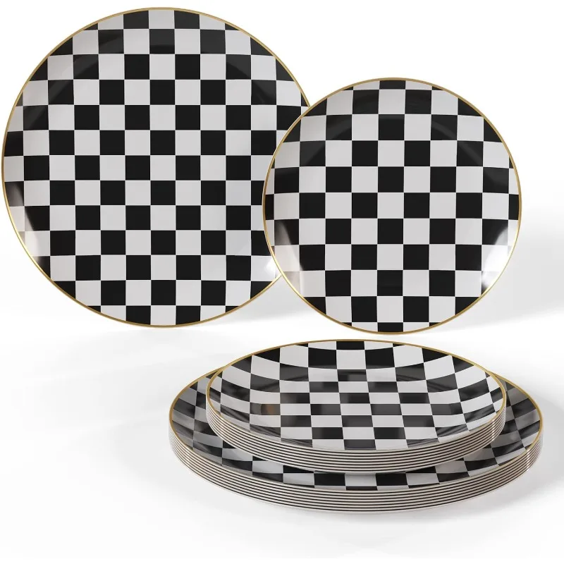 

Checkered Disposable Plates Set For 40 People | 80 Pcs | Plastic Wedding Plates Checkered With Gold Rim| Heavy Duty Fancy Black