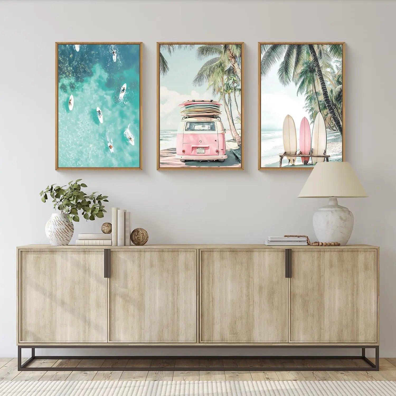 

3pcs Summer Surfboard Beach Canvas Wall Art Surfing Sea View Coastal Bus Coconut Tree Wall Painting Living Room Home Decoration