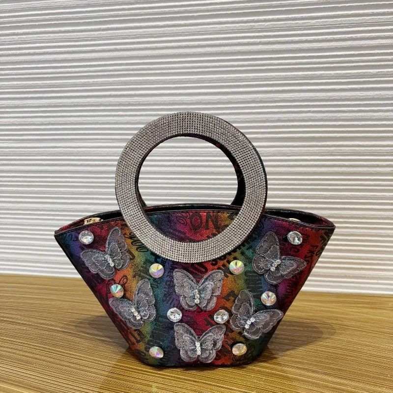 

2025 Fashion Colorful Butterfly Embroidery Handbags for Women New Bucket Bag Handle Set with Diamonds Female Chain Shoulder Bags
