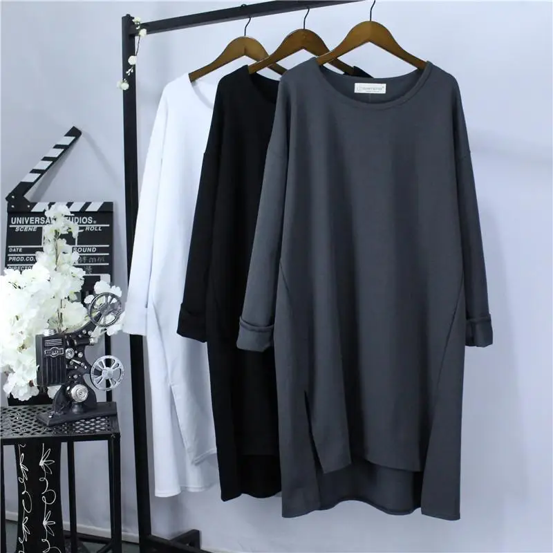 Autumn New Oversized Long Sleeve Mid Length Top Femme Casual Korean O-neck Solid Color T-Shirts Women Clothing All-match Top Tee