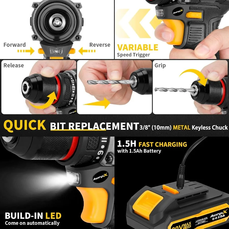 Compact Brushless Cordless Drill Tool Set with 20V Battery and 135Piece Household Combo Kit for DIY Home Repairs 60N.m Torque P