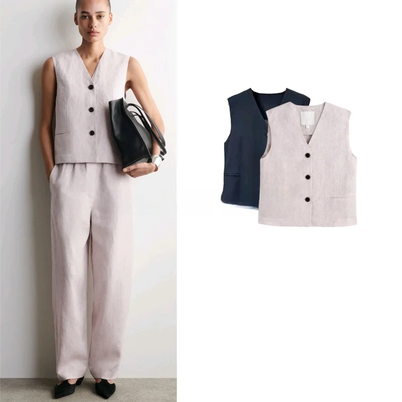

Spring New Women's Standard Fit Single Multi-Buckle Symmetrical Pocket V-Neck Sleeveless Short Vest Fashion Outerwear