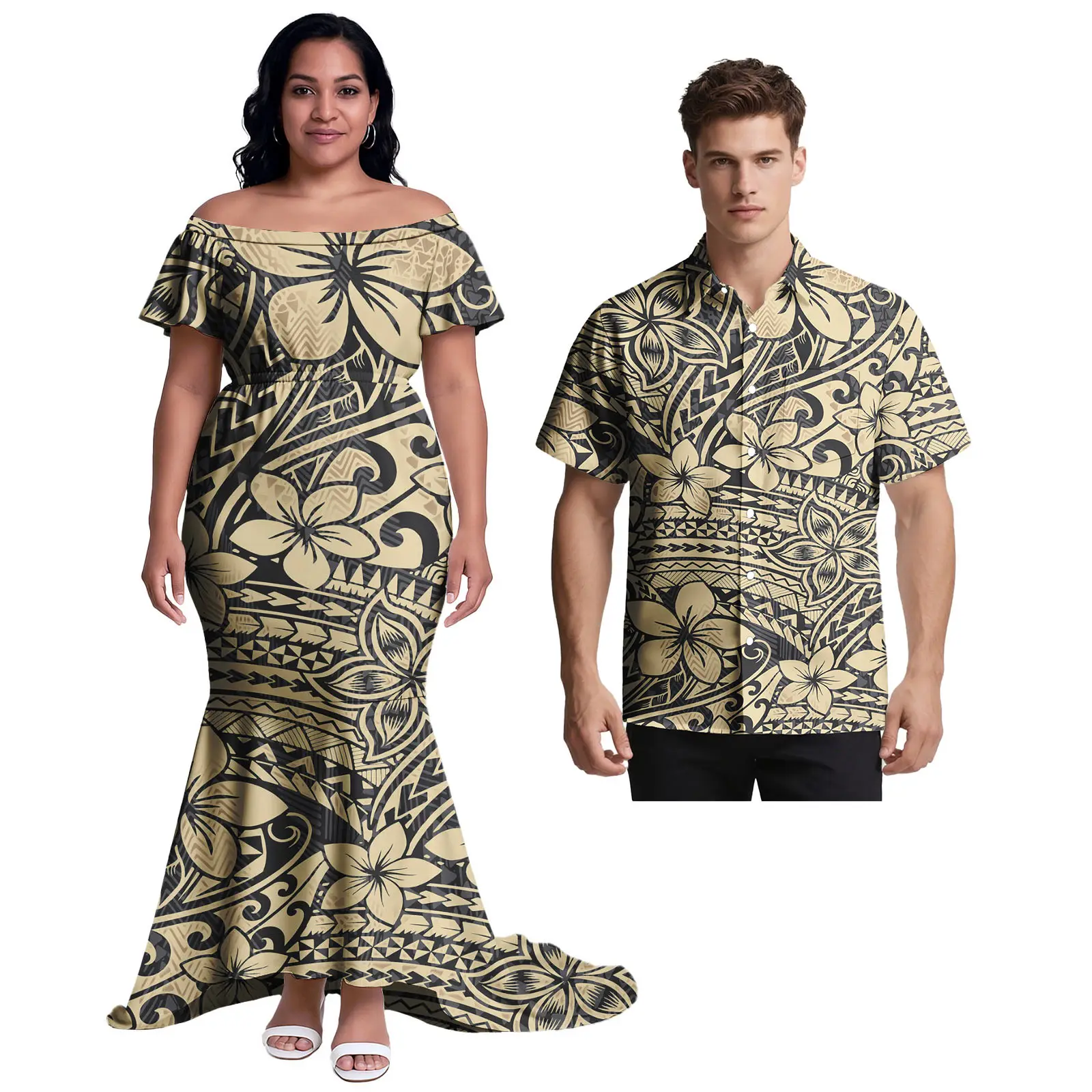 فستان حورية البحر قميص هاواي صيفي للزوجين Monstera Leaf Island Print Aloha قميص ذيل السمكة تنورة بولينيزية للزوجين ملابس متطابقة