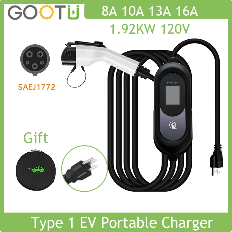 

EV Portable Car Charger Cable 1.92KW Level 1 Adjust Current 16A EVSE Charging For Electric Controller Wallbo Type1 SAE J1772