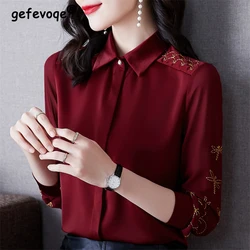 Women's Korean Fashion Vintage Button Up Shirt Office Lady Elegant Embroidery Slim Blouse Casual Solid Long Sleeve Tops Blusas