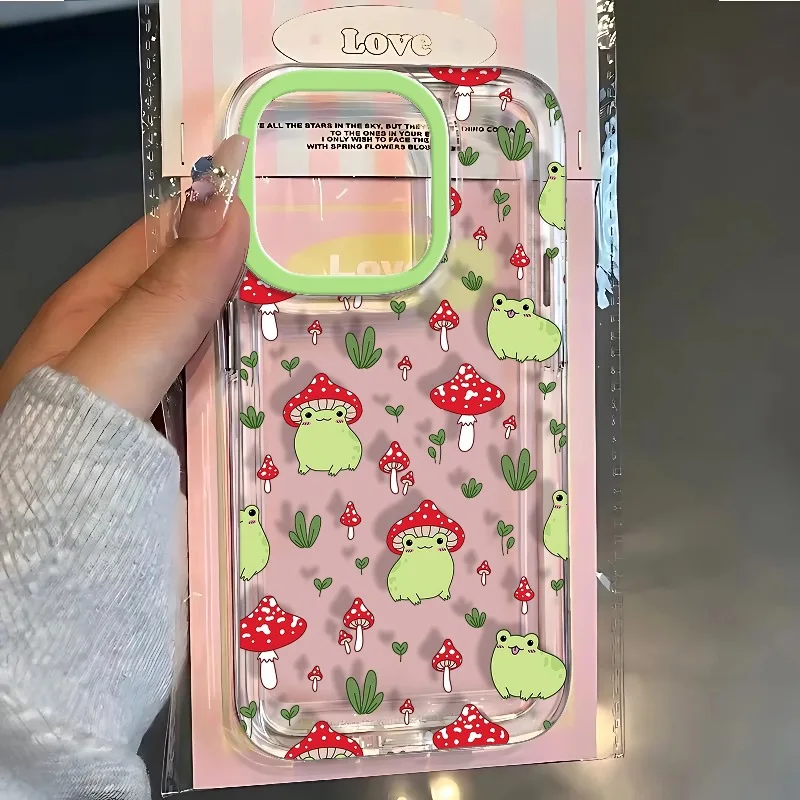 

Cartoon Mushroom Frog Phone Case For iPhone 17 16 15 11 12 14 13 Pro Max Mini XS 7 Plus 17E Shockproof Transparent Cover Fundas