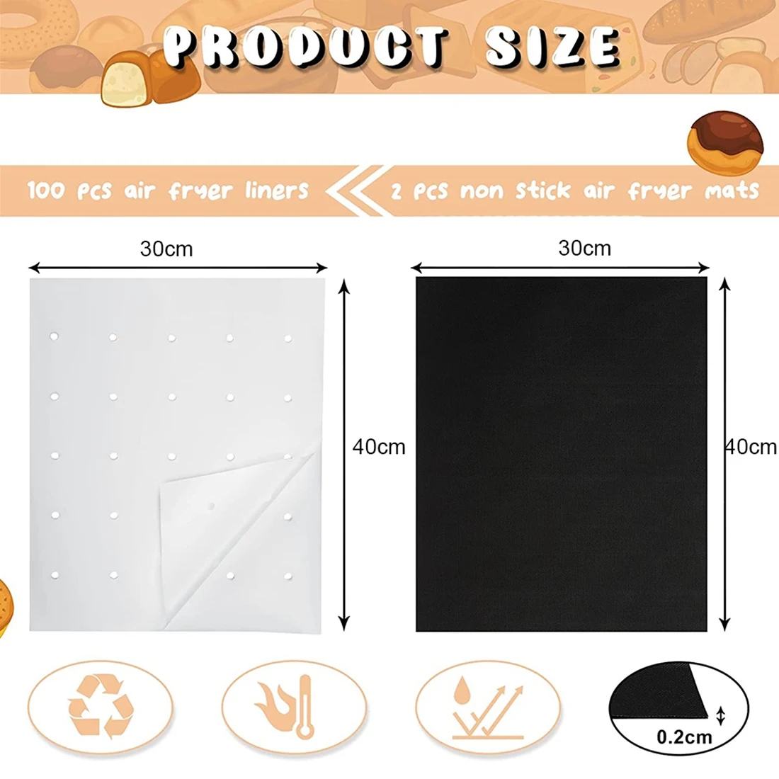 Air Fryer Parchment Paper,100 Pieces Perforated Air Fryer Liners Sheets with 2 Pieces Non Stick Mat for Toaster Baking