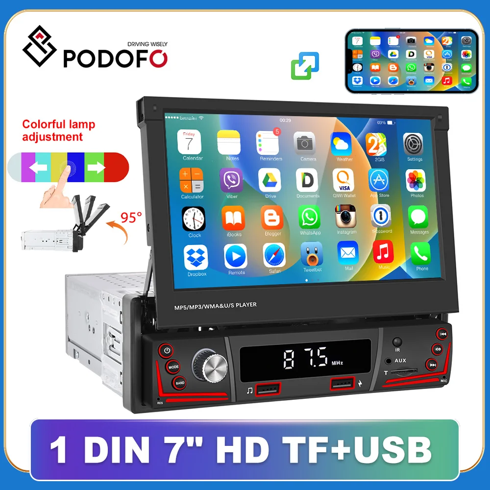 

Podofo 1 Din Car Stereo Radio 7'' Touch Screen Monitor D-Play Universal Car Mp5 Player Bluetooth FM TF/USB Rear View Camera