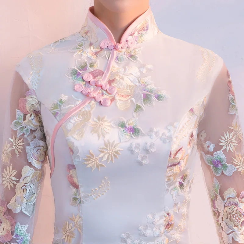 Champagne Sweet Elegant Bridesmaid Dress Women Temperament Formal Party Gown Exquisite Floral Embroidery Novelty Cheongsam