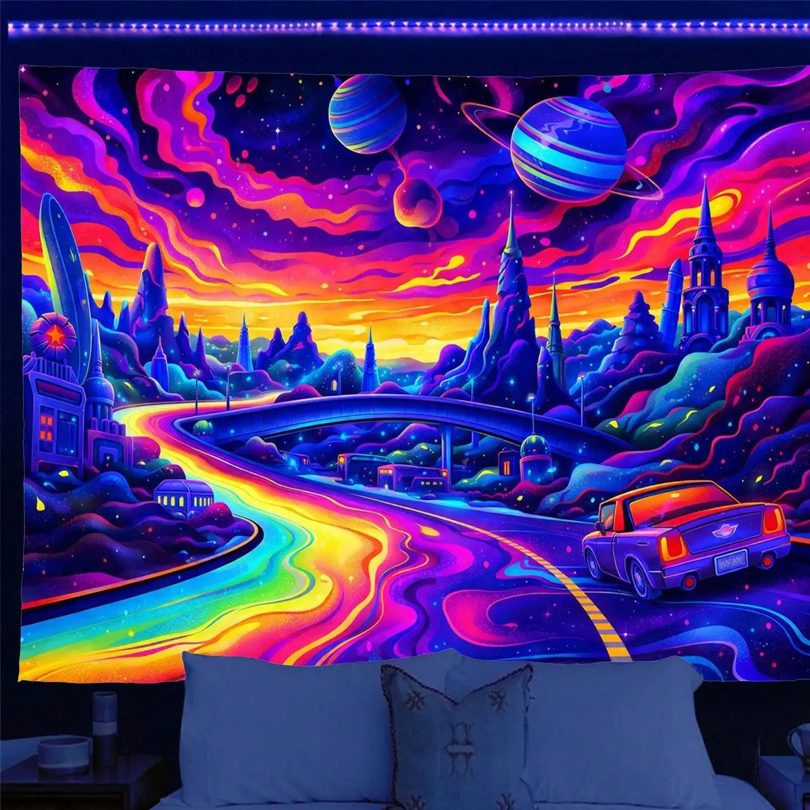 Psychedelic Space Tapestry - Retro Futuristic Car & Planet Wall Hanging, Trippy Rainbow Art, Hippie Room Decor, Multiple Sizes