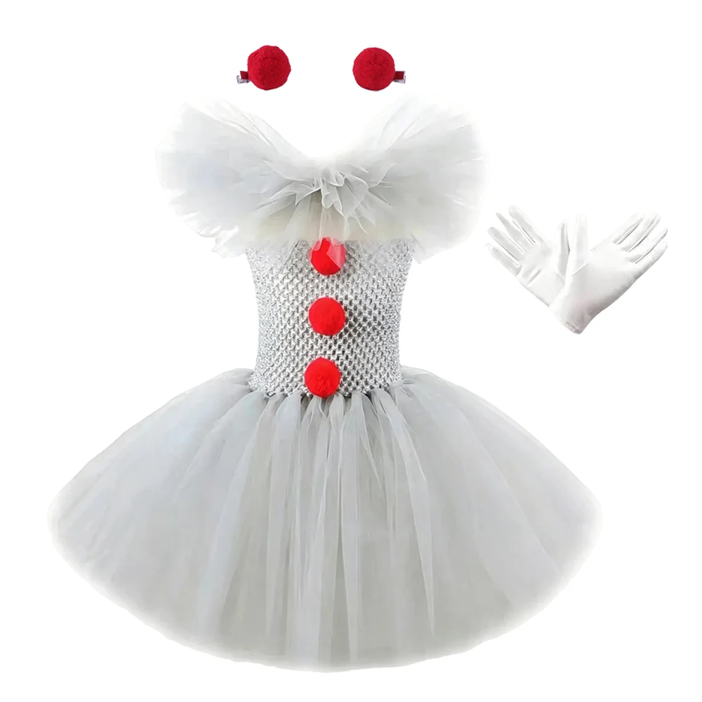 Girls Halloween Costume Gray Tutu Scary Joker Dress Kids Cosplay Clown Costume Carnival Party Dress Up
