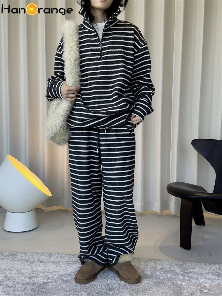 HanOrange 2025 겨울 빈티지 패션 스트라이프 드로스트링 벨벳 팬츠 여성용 따뜻한 두꺼운 바지 블랙 그레이/그레이 화이트