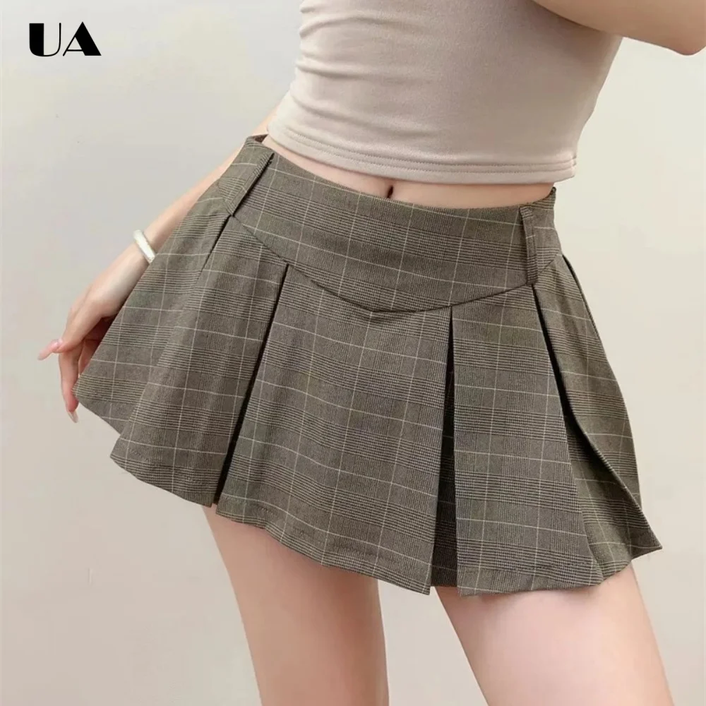 

England Style Ruched Mini Skirt for Women, Preppy Style Plaid Unique Skirts, Vintage Empire Women's Skirts, Safety Zipped Skort