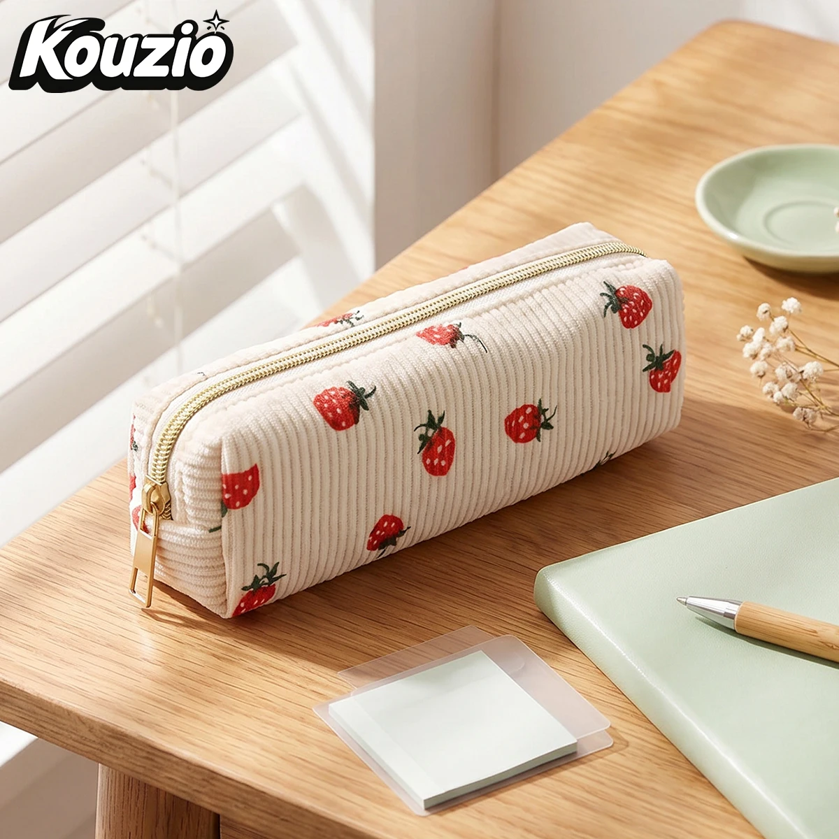 Cute Strawberry Print Corduroy Pencil Case Zipper Stationery Bag for Worker & Students - KOUZIO