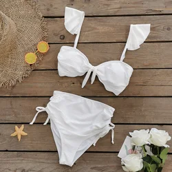 Sexy Cute Girl`s High Waist Bikini Set Swimsuit Ladies Ruffle Shoulder White Color Biquini Swimwear Bathing Suit Women Beachwear