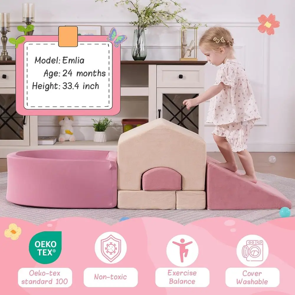 Blocchi da arrampicata in morbida schiuma per bambini - Set da gioco a forma di mini casa con pozzo per palline e tappetino pieghevole, rosa e beige