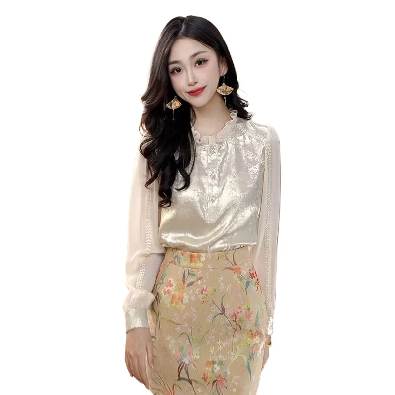 Luxury Streaming Satin French Long-sleeved Shirt for Women Spring Autumn Splicing Design Unique Beautiful Shirt Office Lady Top