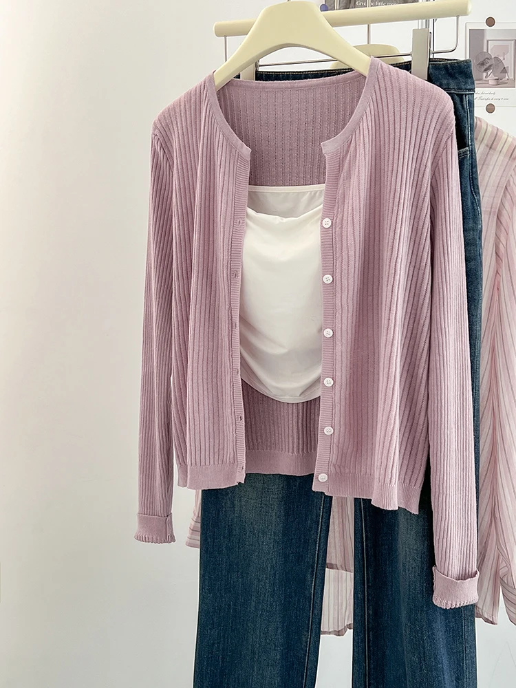 

O-neck Knitted Cardigan Solid Color Short Top Autumn Thin Jacket Long-Sleeved Sweater Women's Fashion Casual Tops