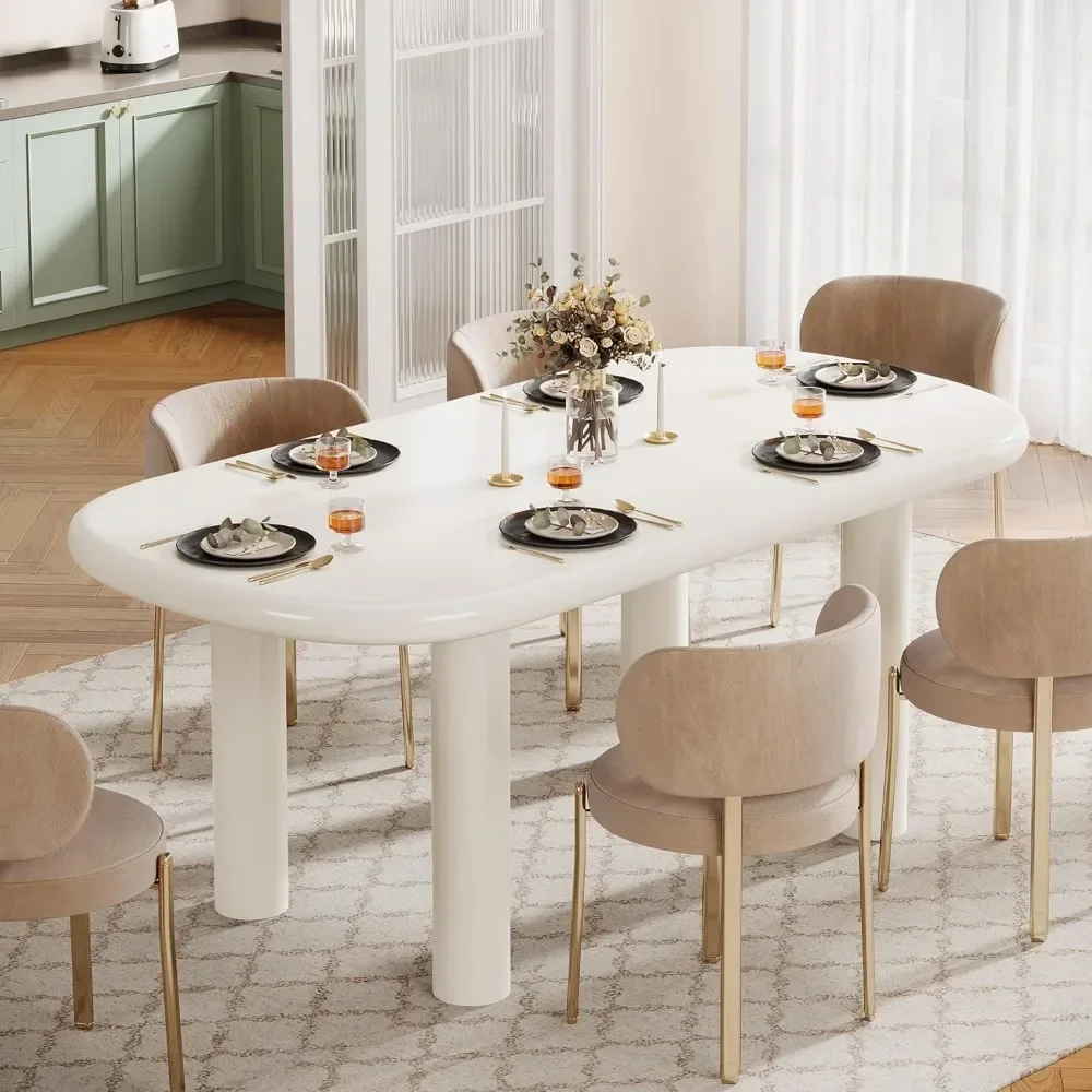 Ovale Eettafel Voor 6 Personen, 63-Inch Moderne Crèmekleurige Witte Keukentafel, Houten Eettafel Met Cilindrische Poten (Alleen Tafel)