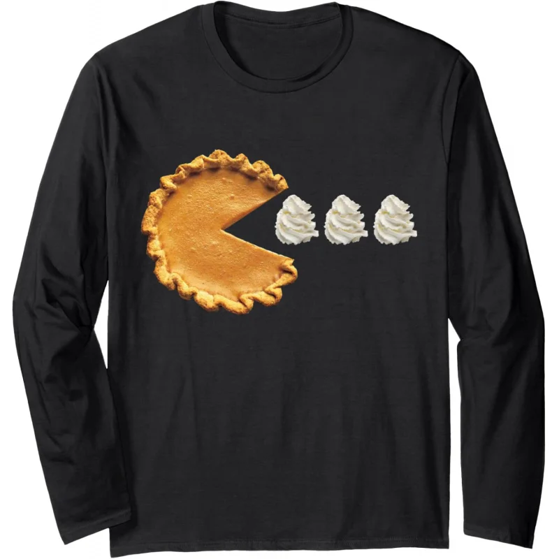 Thanksgiving Pumpkin Pie T-shirt Men's Black Loose Long Sleeve Top