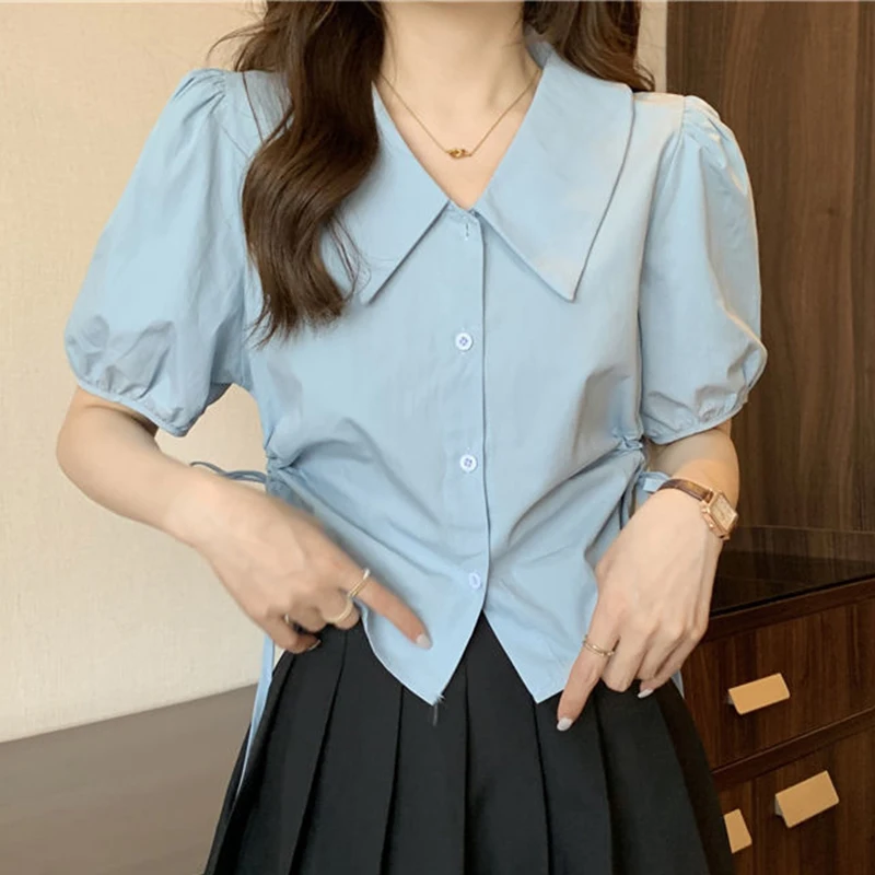 Y2K Women Blue Shirt Korean Sweet Preppy Style Bandage Short Sleeve Female Blouse Summer Turn Down Collar Ladies Crop Top