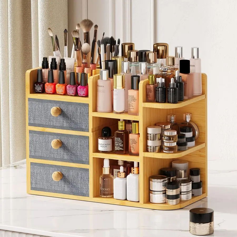 

Bamboo Makeup Organizer For Vanity, Large Capacity 3 Tiers Bamboo Bathroom Counter Organizers and Storage, Countertop Make Up Sk