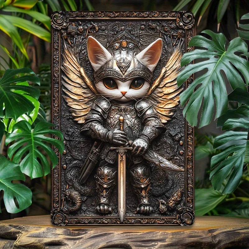 

1pc Whimsy Warrior Cat Aluminum Wall Art, 8x12inch Metal Tin Sign with Sword and Shield, Decorative Aluminum Sign for Home