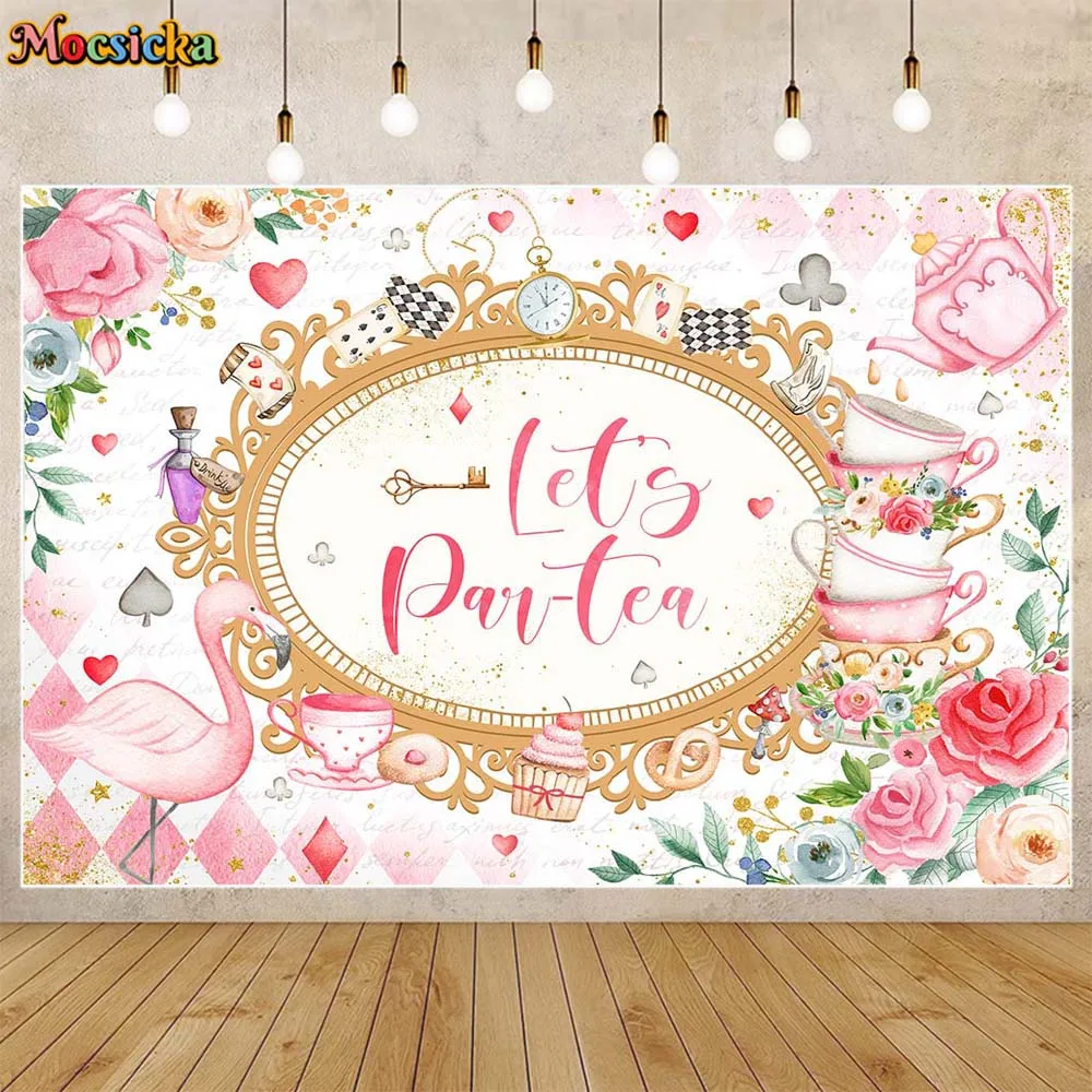 

Mocsicka Let's Par-tea Backdrop Pink Tea Cup Girl Princess Birthday Party Decor Background Photoshoot Props Dessert Table Banner