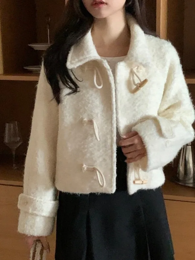 

Winter New Retro Buttoned Woolen ort Coat Women's Chic Anti-Aging Cotton Inner Jaet Trendy Polyester Fiber 00%