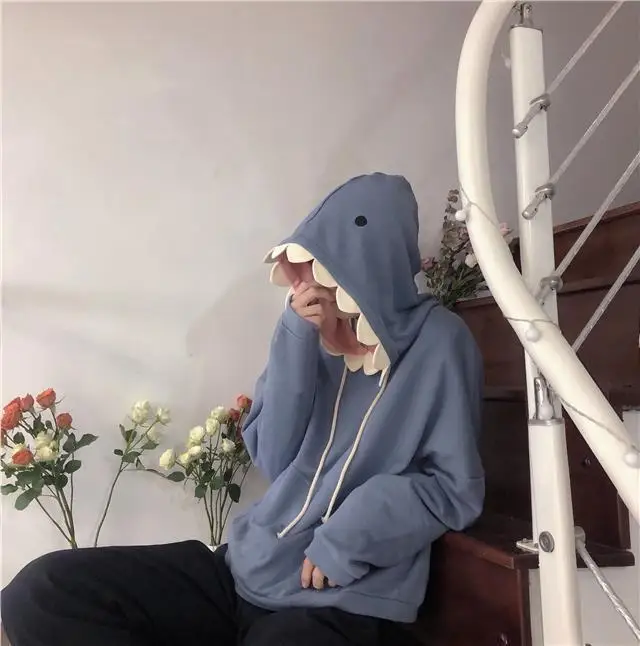 سترة بغطاء للرأس على شكل قرش كاواي ياباني لخريف 2025 - بلوفر كبير الحجم للجنسين من الصوف القطيفة مع غطاء أذن ممتع ملابس نادي للنساء 2025
