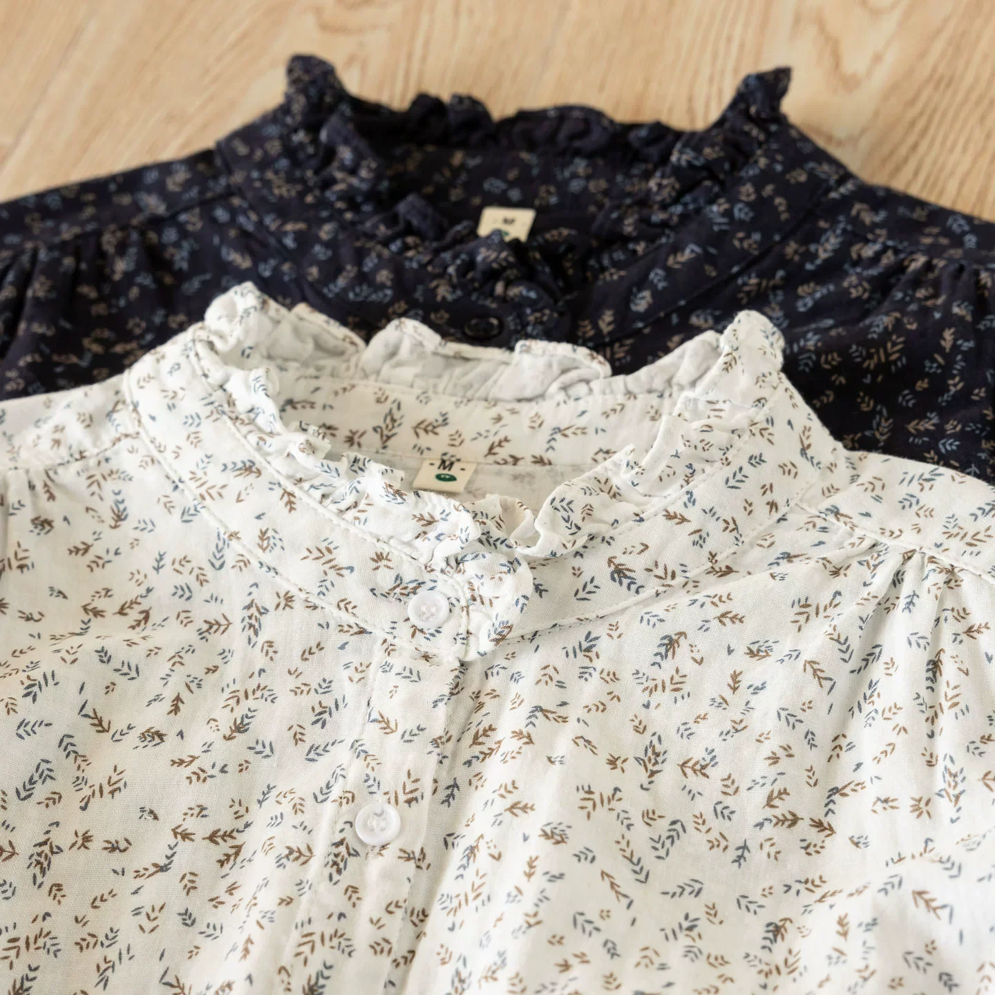 

2026 Mori girl Japanese style pure cotton yarn white navy blue print shirts and blouses for women sweet stand collar base shirts