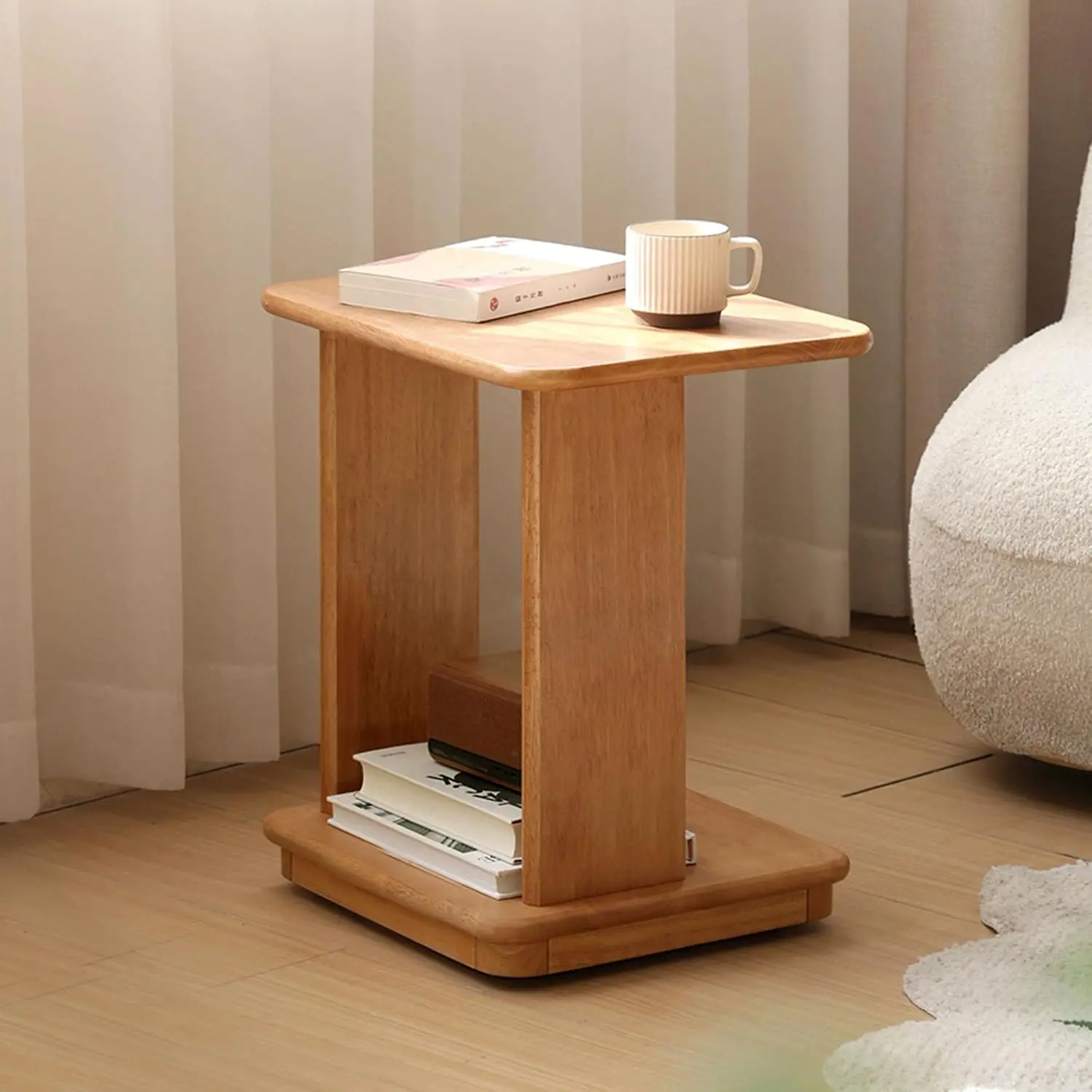 C Shaped End Table, Solid Wood Side Table, Small Rolling Side Table with 4 Lockable Wheels, 2-Tier Wood Bedside Table, End Table