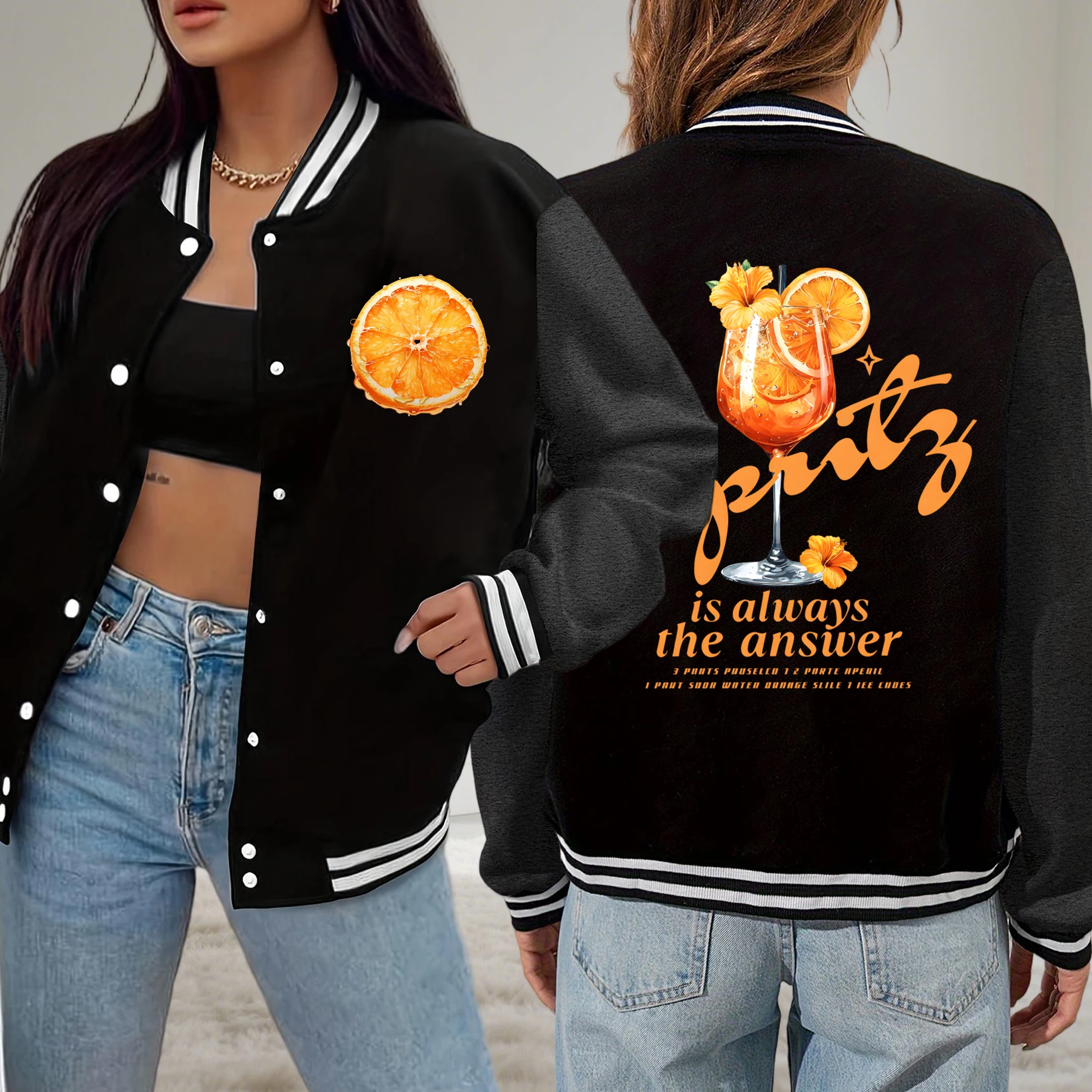 

Orange Juice Sprits Is Always The Answer Print Jacket Women Y2K Loose Baseball Uniform Casual Fleece Streetwear Autumn Clothes