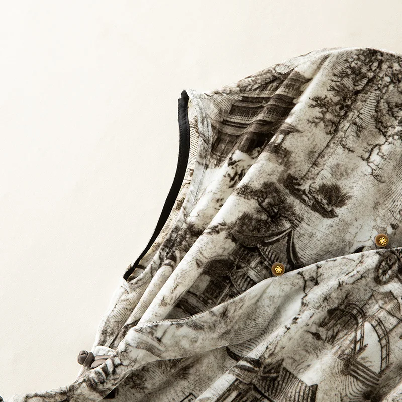 Winsleter-Bottom Elegantes Samthemd aus 100 % Seide, Damen-Stand-Kurzarm-Druck, Retro-Pendelbluse, Herbstneuheit 2025, T58237CC