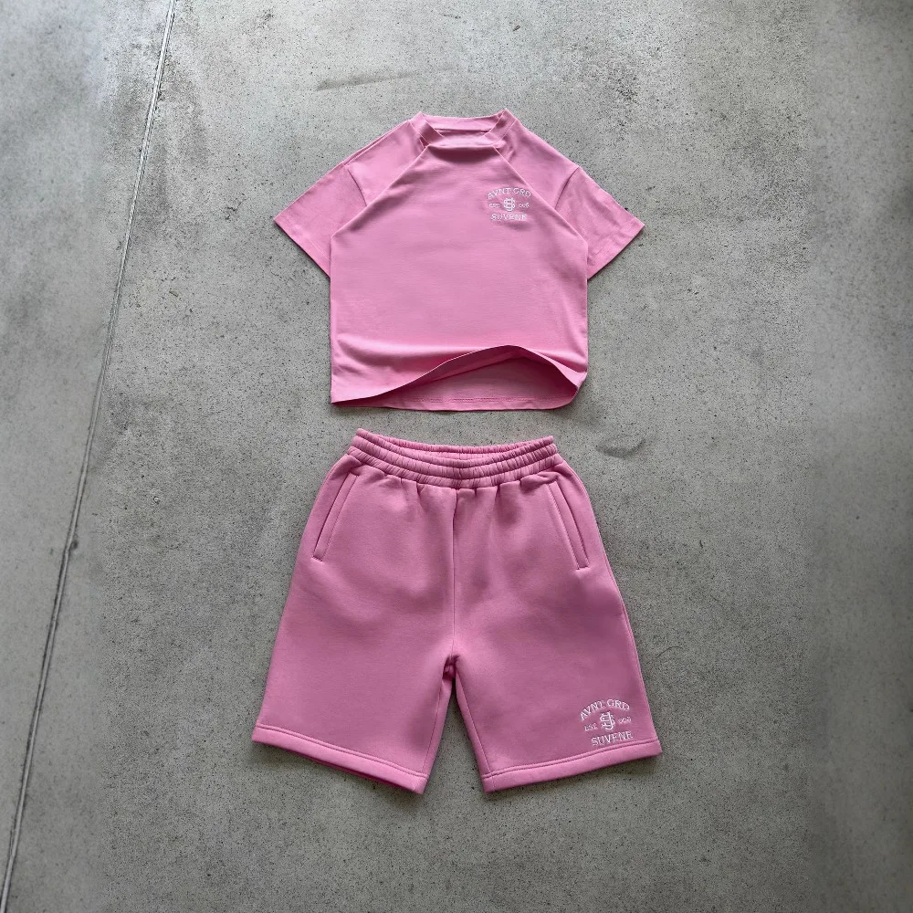 Men Set Y2k Round Neck Short Sleeve Embroidered Jacquard T-shirt Stretch Straight Shorts Suit Trendy Casual Two-piece Set