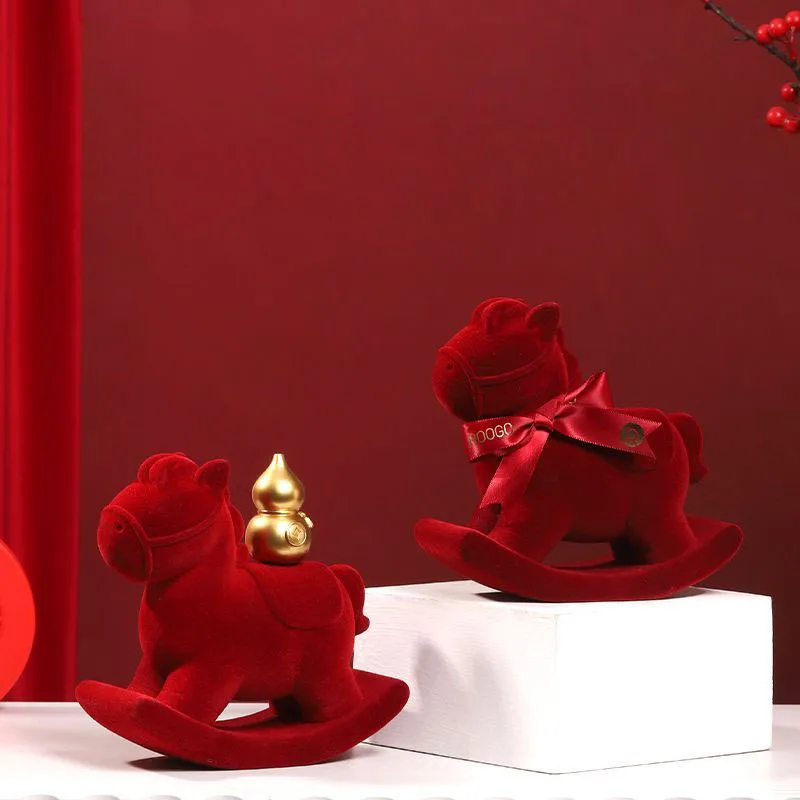 

Red Flocking Rocking Horse Figurine Lucky Home Decor Ornament with Gold Ingot Gourd Bowknot Gift for Friends Family Collection