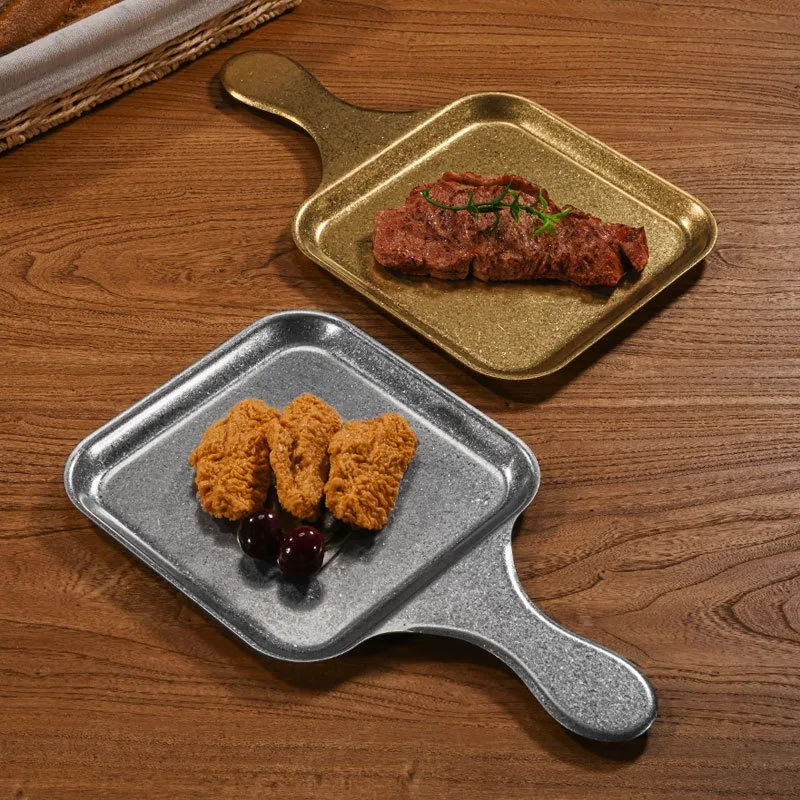 

1PC Retro Stainless Steel Square Plate Creative with Handle Flat Bottom Plate Can Hold Fried Chicken Snack Tableware